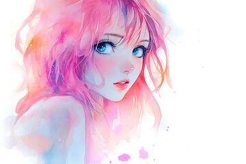 Fototapeta premium Anime girl with pink hair and blue eyes in watercolor style
