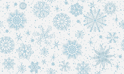 Vector seamless Christmas hand drawn pattern with silvery snowflakes and stars on a white background