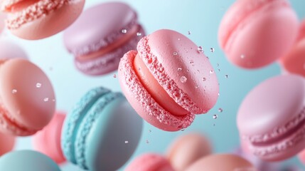 Obraz premium Floating Colorful Macarons with Water Droplets on Pastel Background