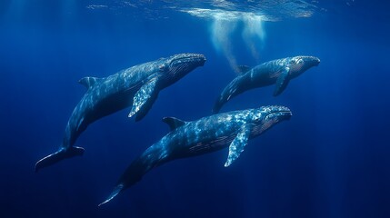 Naklejka premium A pod of humpback whales swimming in the ocean.