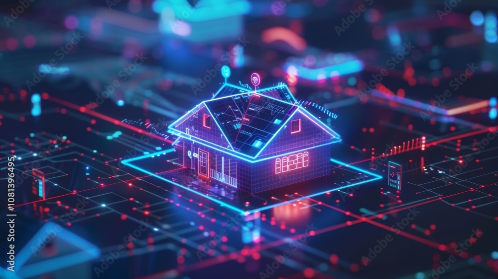 Poster glowing holographic house stands on intricate network of circuits, symbolizing future of smart home 