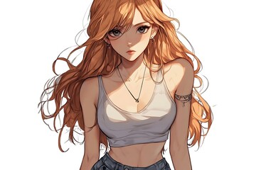 Naklejka premium Anime girl with long orange hair and brown eyes, wearing a white crop top and denim shorts, posing against a white background.