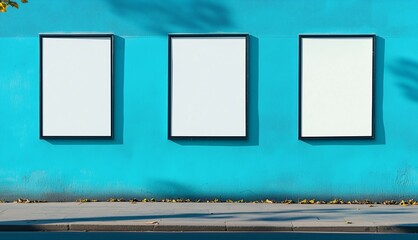 Blank Billboard Mockup on Wall at Urban Street, Three Empty Advertising Board on the Wall, White Advert Board on Light Blue Street Wall