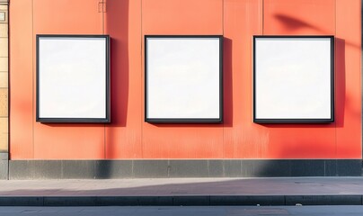 Blank Billboard Mockup on Wall at Urban Street, Three Empty Advertising Board on the Wall, White Advert Board on Orange Street Wall