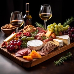 Sophisticated Wine and Charcuterie Board With Artisan Cheeses, Cured Meats, Fresh Fruit, and Herb Garnishes for a Refined and Luxurious Culinary Experience