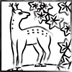 筆書き正方形シンプル花札　神無月　紅葉　鹿　10月　紅葉に鹿