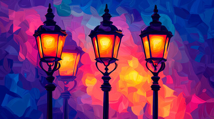 Three glowing street lamps against a colorful sunset sky.
