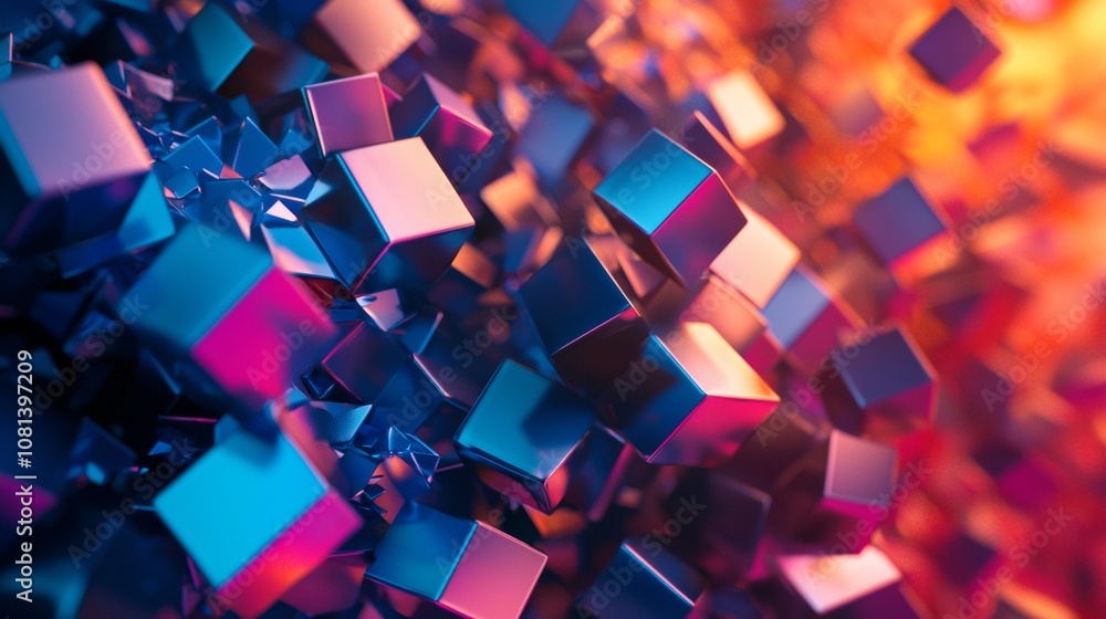 Poster abstract metallic cubes in motion with neon gradient lighting