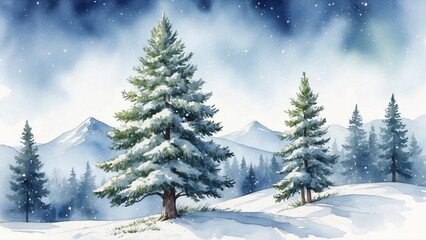 Obraz premium Snow-covered pine trees in a winter landscape with mountains and falling snow in watercolor style