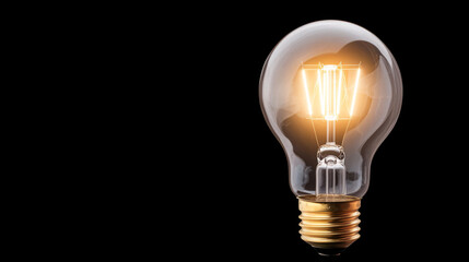 transparent lightbulb glowing with warm light against black background, showcasing its intricate filament design. Perfect for modern decor or energy concepts