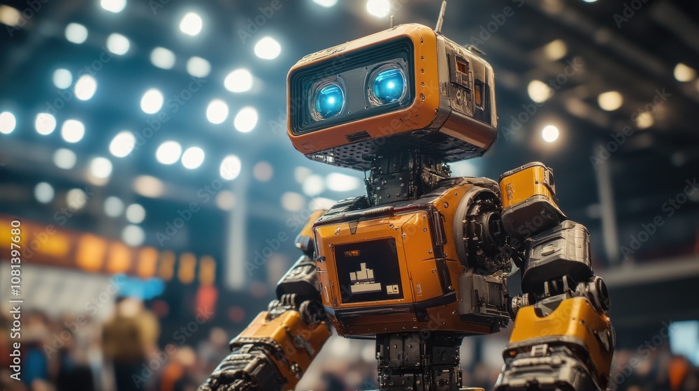 Poster a retro-styled robot with blue eyes and a digital display stands in front of a blurred background of