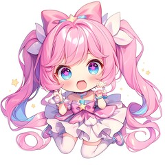 Cute anime girl with pink hair and blue eyes, wearing a pink and white dress and a bow