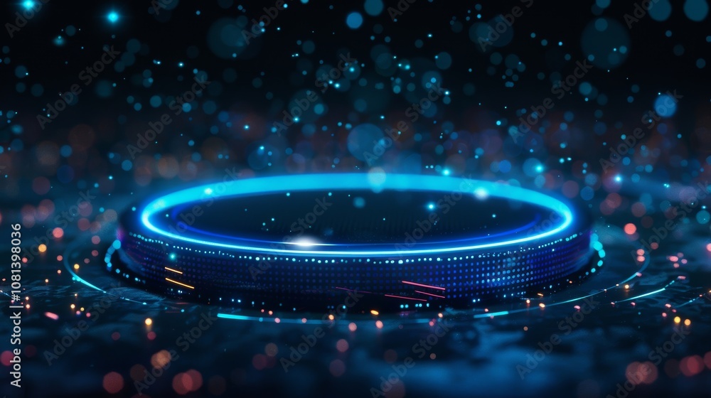 Aufkleber futuristic empty podium glowing in digital world with falling particles showcasing innovative techno