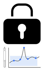 Padlock pen line graph with blue points highlight cybersecurity analytics data visualization technology, research, strategy, protection. Ideal for tech, business, education, finance, innovation