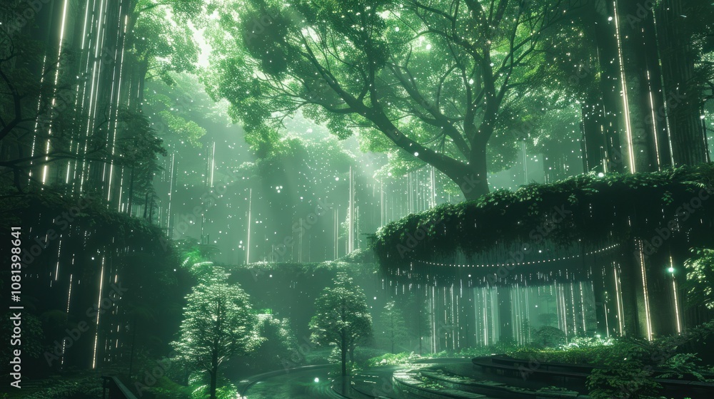 Poster a magical, glowing forest with sunlight streaming through the trees and creating a mystical atmosphe