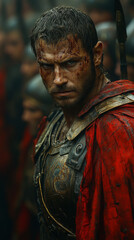 Naklejka premium A realistic Spartan warrior in full armor, standing in a dimly lit environment.