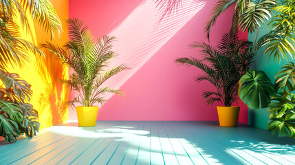 Tropical plants in a colorful room with sunlight.