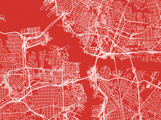 Christmas Map of Norfolk - Portsmouth Center Virginia, USA in Snowy White on Festive Red Background.