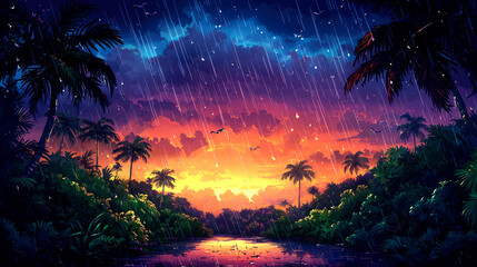 Tropical sunset with rain over a jungle river.