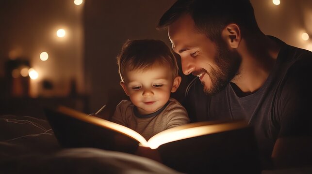 A father reads a book to his young son at night.