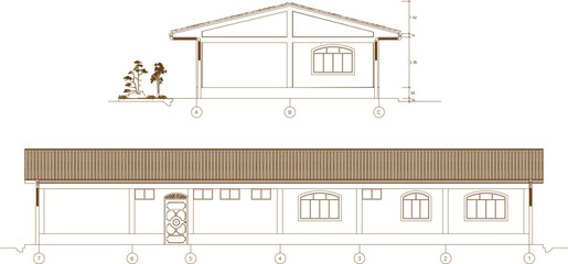 Vector sketch, silhouette illustration, architectural engineering drawing design, health clinic building construction view