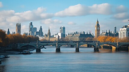 Fototapeta premium Scenic city view with a river in the background, featuring a beautiful bridge that spans across the water, creating a stunning urban landscape. The vibrant city skyline and peaceful river 