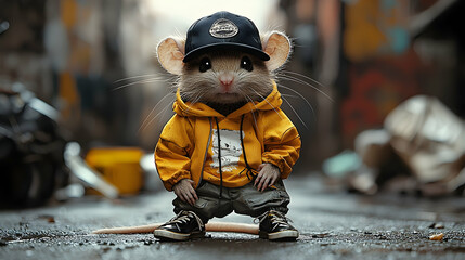 Cool Mouse in Yellow Hoodie and Black Cap Illustration