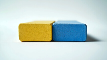 Two wooden blocks, one yellow, one blue, side by side.