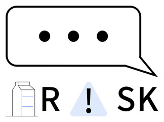 Speech bubble with ellipsis, a carton beside the letter R, an exclamation mark inside a triangle for I, and the letters S K . Ideal for safety communication, risk management, warnings, message
