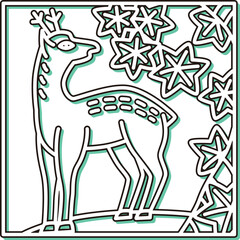 カラーシャドウ正方形シンプル花札　神無月　紅葉　鹿　10月　紅葉に鹿