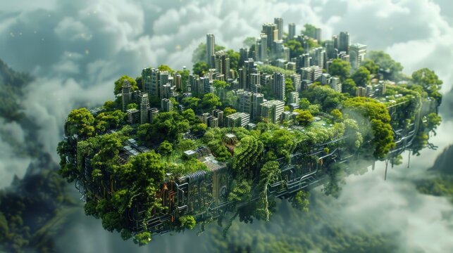 A futuristic city with skyscrapers covered in lush greenery, floating in the clouds.