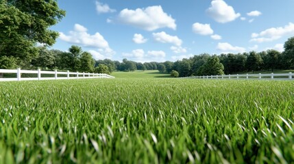Lush green field under a clear blue sky with scattered clouds.