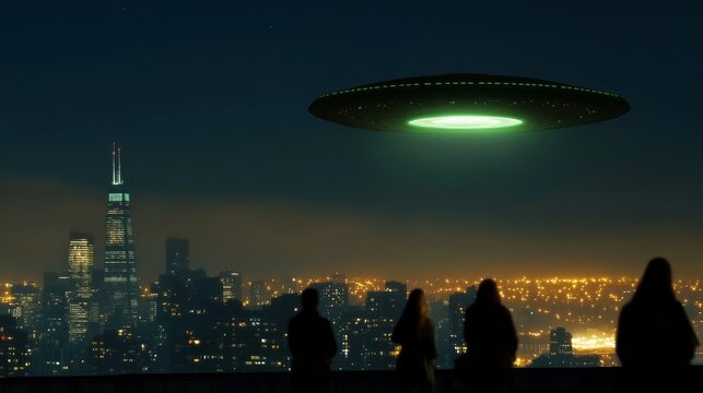 A mysterious UFO hovering over a city skyline at night casts an eerie green light on the buildings below. In the shadows are silhouettes of people looking up. conspiracy theories about an alien