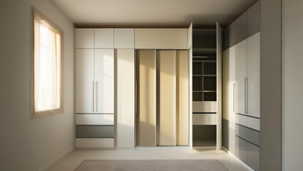 AI generative. 3d render of minimalist white interior wardrobe design. 3