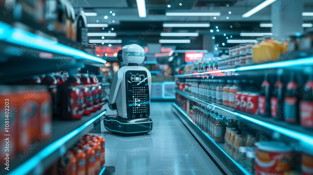 Poster autonomous robot navigating through aisles of a futuristic grocery store, scanning and analyzing pro