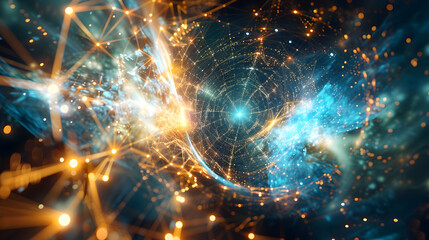 Abstract 3D Illustration with Golden and Blue Lights