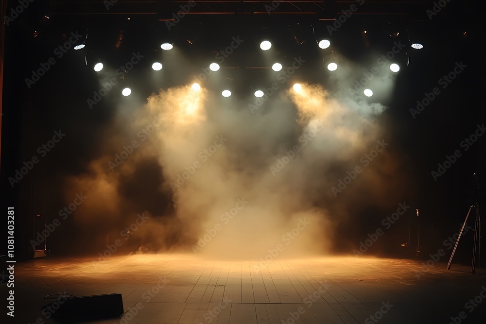 Poster stage lights and fog creating dramatic atmosphere for performance or show
