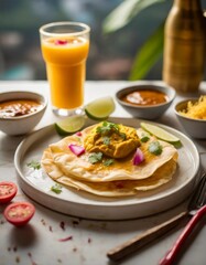 A Vibrant Spread of Fresh Roti Canai with Curry, Paired with Freshly Squeezed Juice and Garnishes, Captured in Soft Natural Light on a Minimalist Table Setting