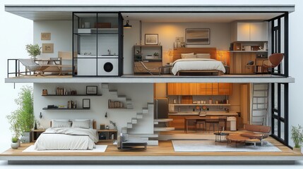 Modern two-story house interior showcasing living spaces and design.