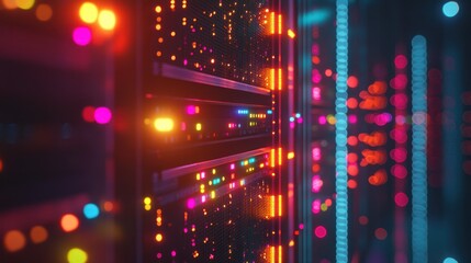 Data Center Server Rack with Colorful Lights