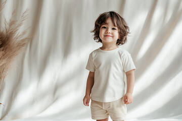 Child dressed in a white T-shirt and light shorts. Neutral background and beige color palette. Perfect for a mockup to showcase T-shirt designs and patterns, natural lighting