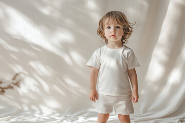 Child dressed in a white T-shirt and light shorts. Neutral background and beige color palette. Perfect for a mockup to showcase T-shirt designs and patterns, natural lighting