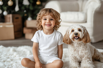 Little boy dressed in a white t-shirt and with cute dog. Neutral Christmas background and beige color palette. Perfect for a mockup to showcase T-shirt designs and patterns, natural lighting