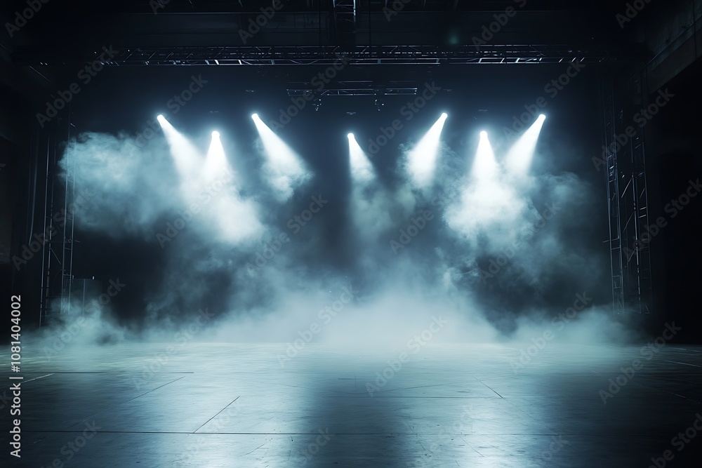 Poster empty stage with spotlights and smoke. ready for a performance or event