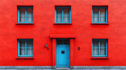 Fototapeta premium Vibrant red building with turquoise windows and door.