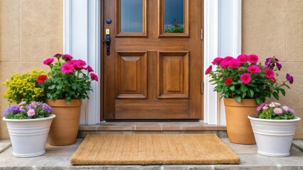 Fototapeta premium Cozy entrance with a coir doormat, open door, and potted flowers, coir doormat, entrance, open door, potted plants, flowers