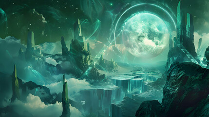 Green Fantasy Landscape with Moon Illustration