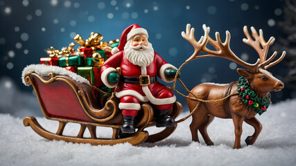Fototapeta premium Santa Claus Riding Sleigh with Reindeer Surrounded by Colorful Presents in a Winter Wonderland Scene