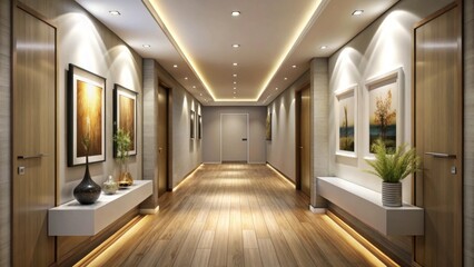 Modern minimalist hallway with recessed lighting and artful decor pieces, modern, minimalist, hallway