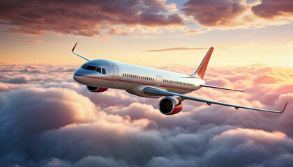 Airplane soars through the sky scene is peaceful and serene.